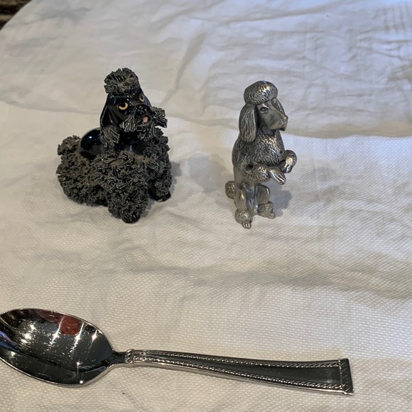 3 Poodle ornaments. Very old. Black handmade ceramic and heavy metal silver dog. - Picture 1 of 13